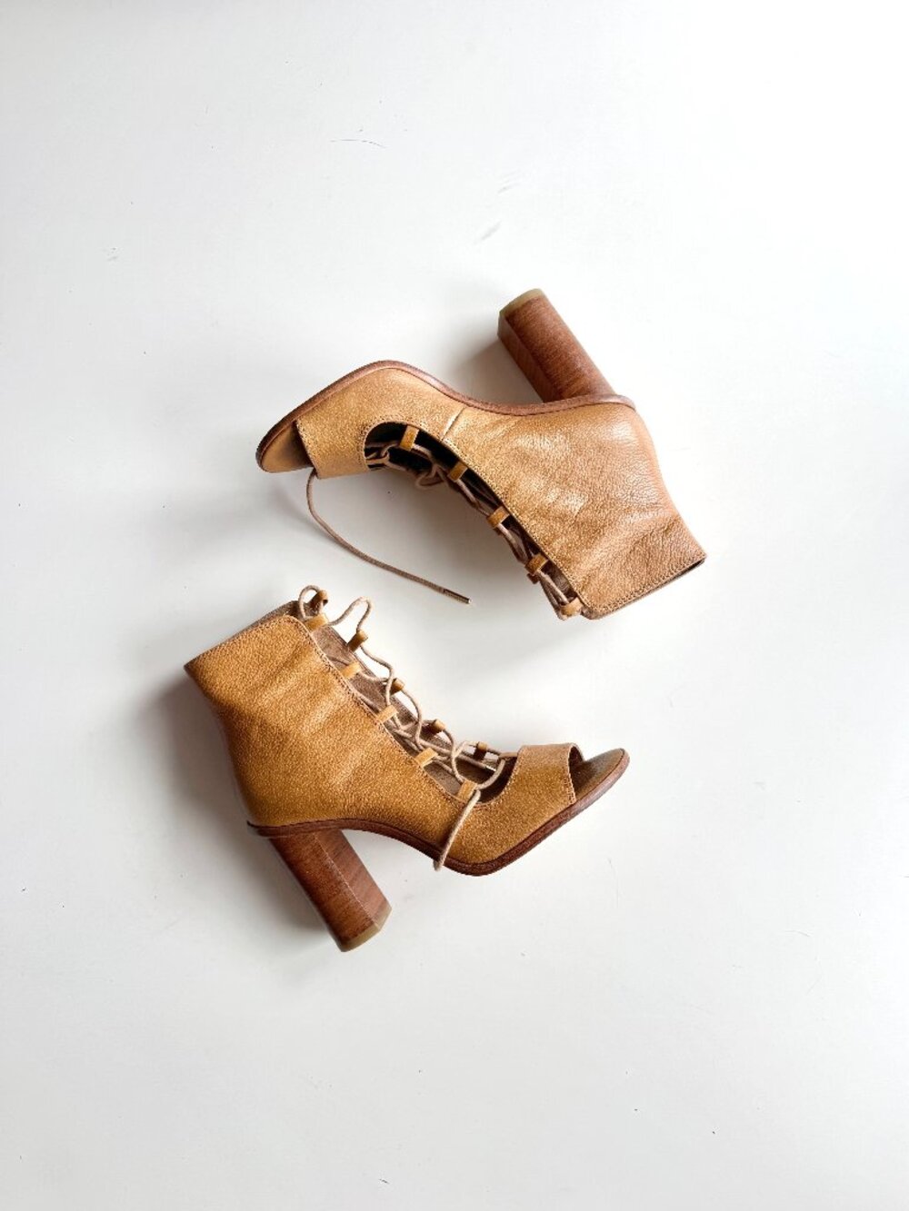 Joie Cordelia Tan Brown Leather High Block Heel Lace-Up Ankle Boots, Size 37